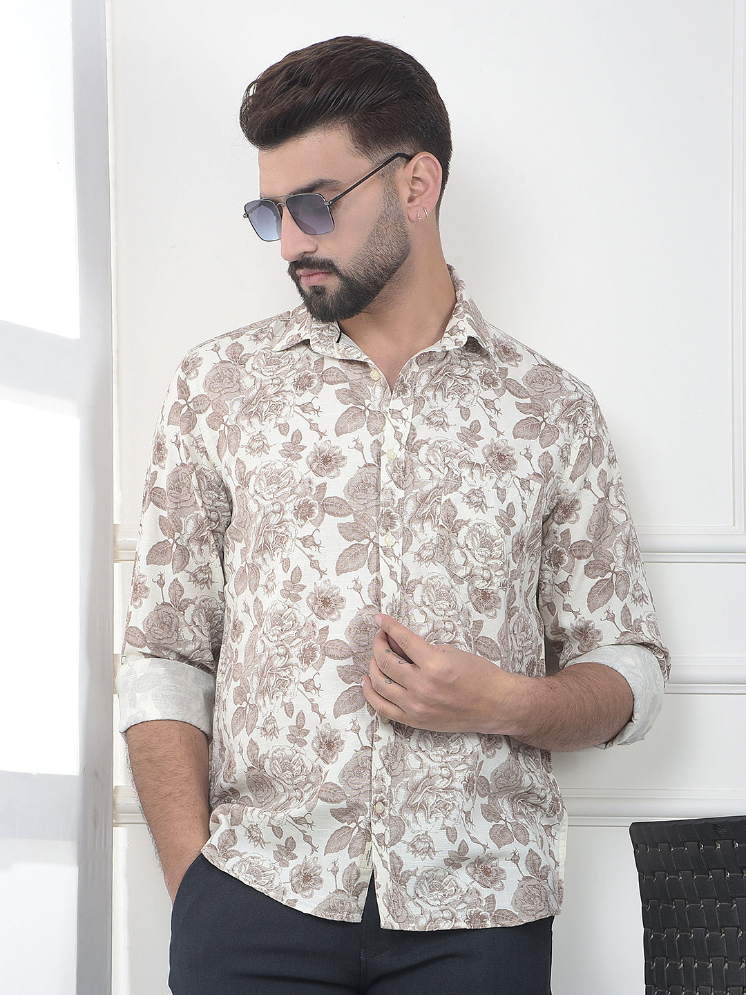 Brown Floral Print Linen Shirt