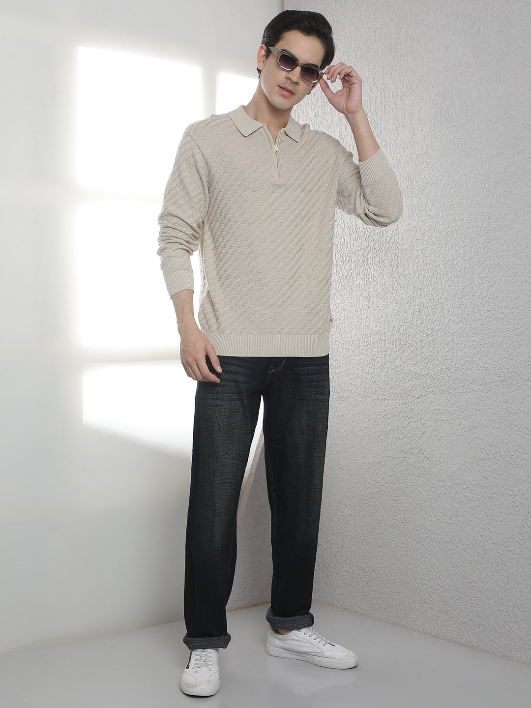 Beige 100% Cotton Knitted Polo Neck Sweater