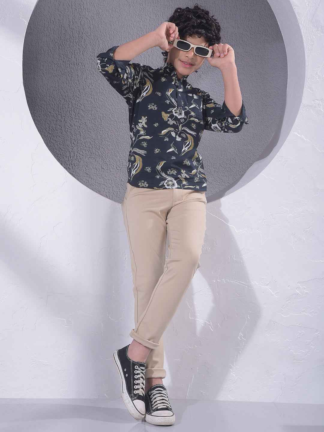 Navy Blue Floral Print Kurta