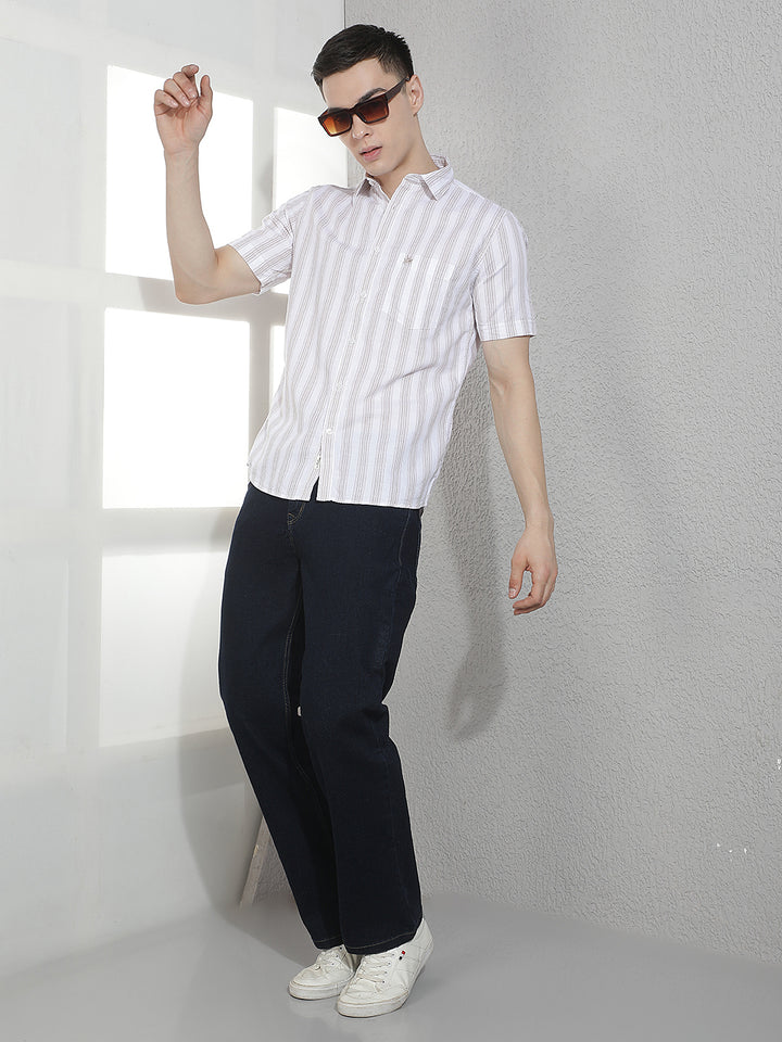 Brown 100% Cotton Vertical Stripes Shirt