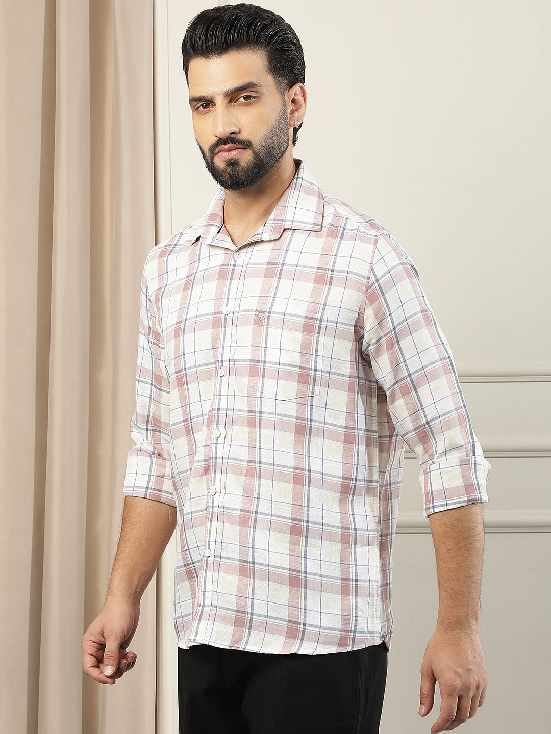 Peach Checked Linen Shirt