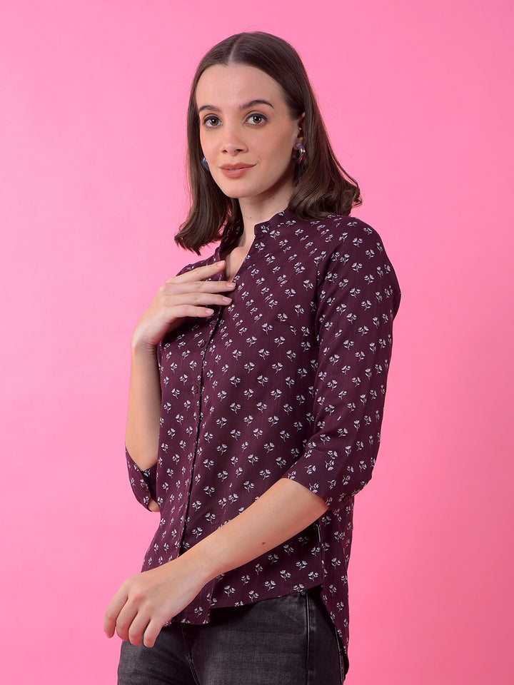 Wine Floral Print V-Neck Shirt