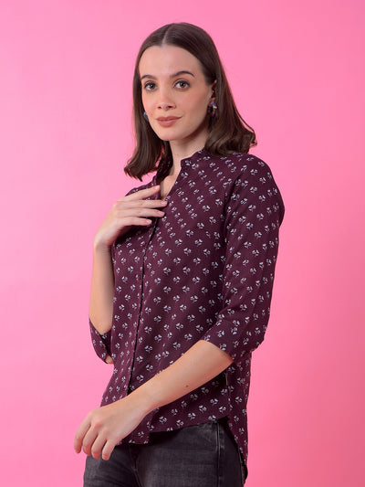 Wine Floral Print V-Neck Shirt