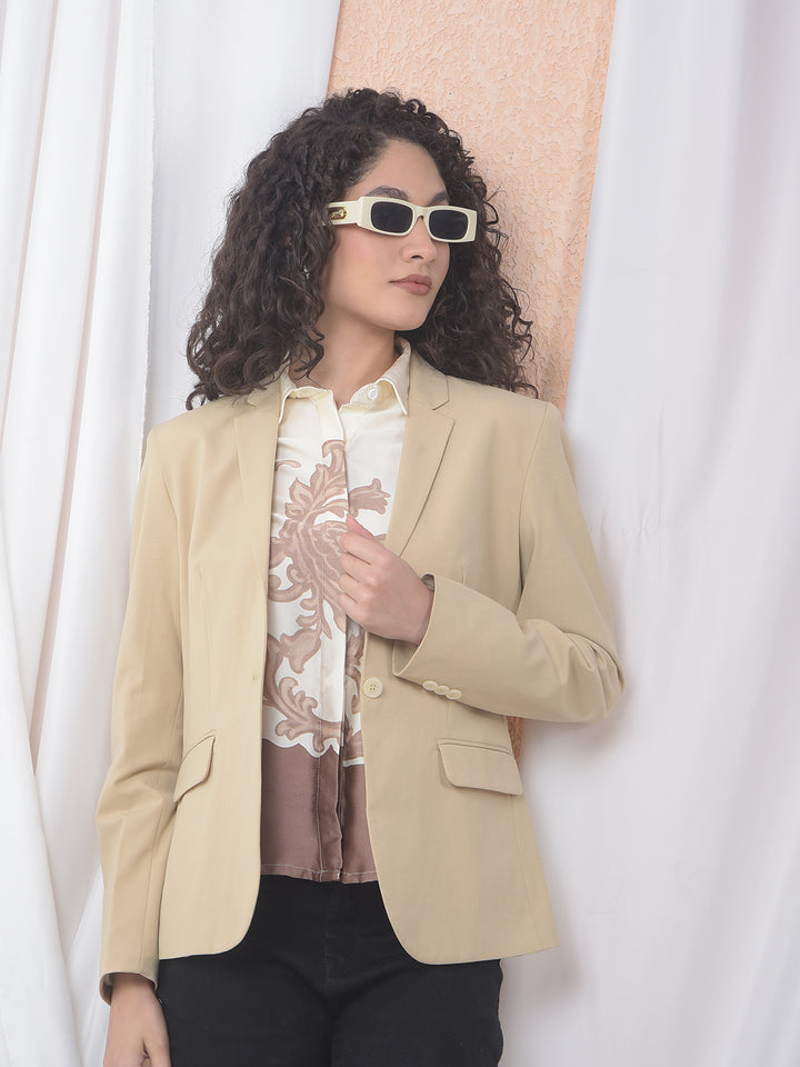 Beige Notched Lapel Single-Breasted Blazer