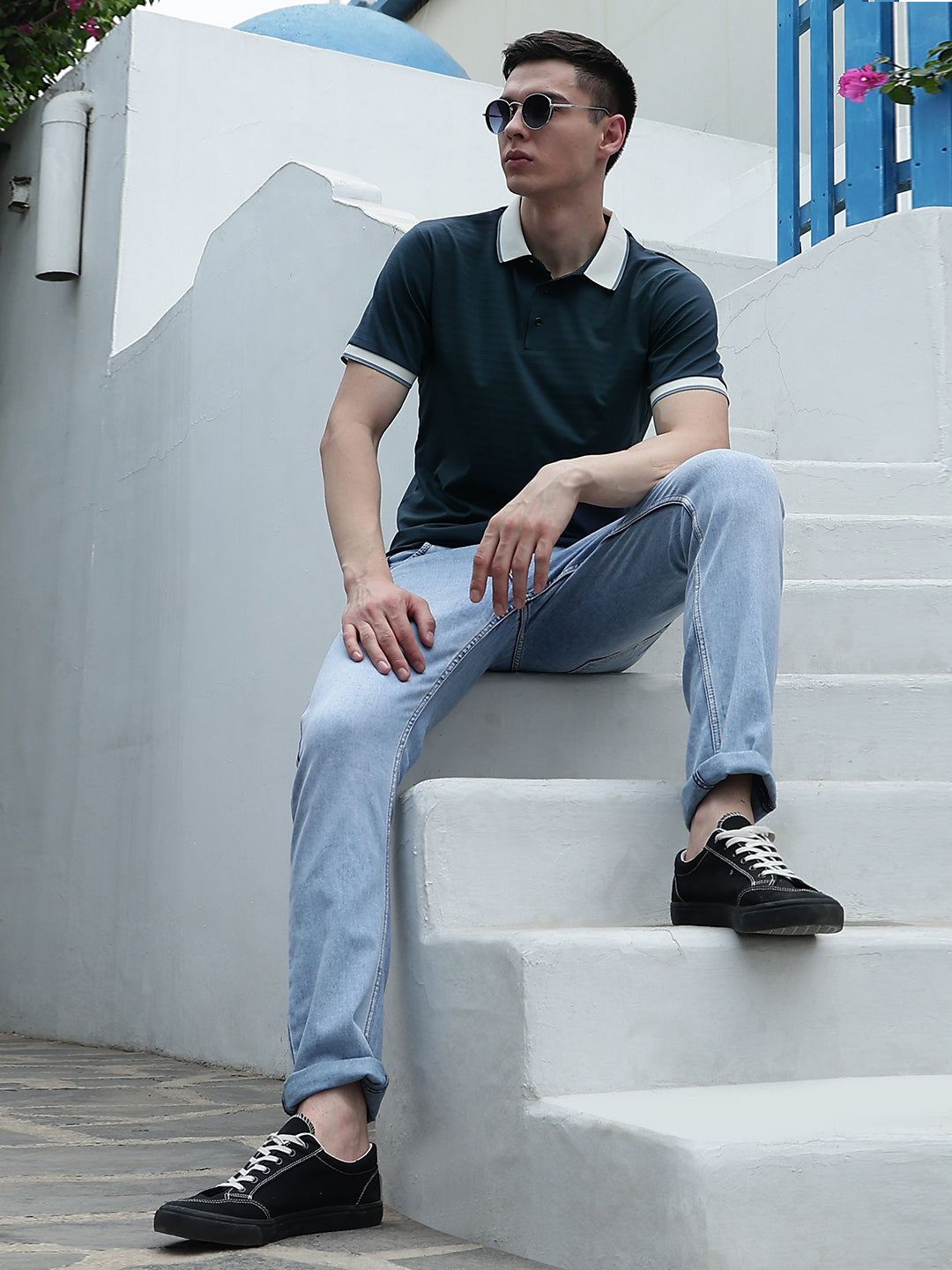Green Horizontal Striped Polo Neck T-Shirt
