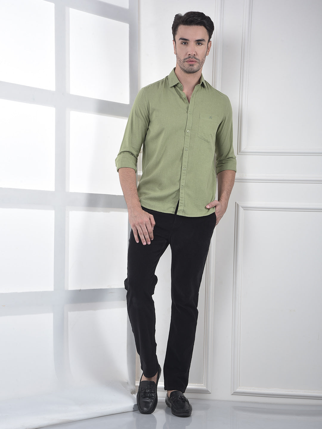 Green Linen Blend Casual Shirt