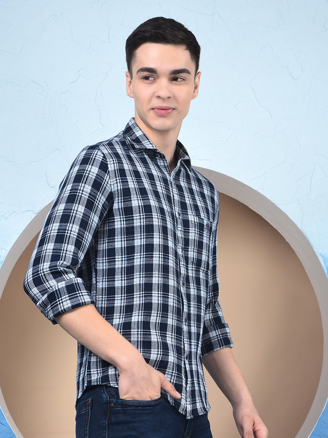 Navy Blue Checked 100% Cotton Knitted Shirt