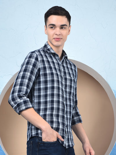 Navy Blue Checked 100% Cotton Knitted Shirt