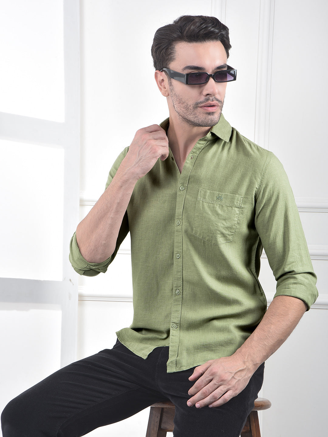 Green Linen Blend Casual Shirt