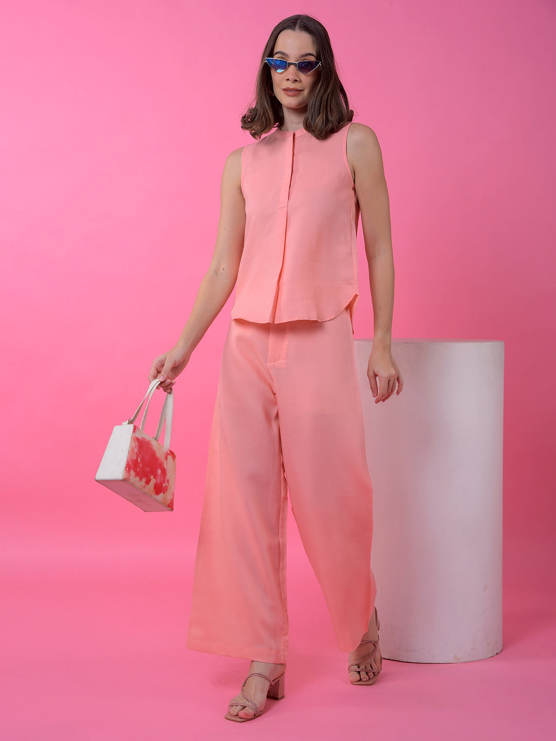 Pink Band Collar Sleeveless Top