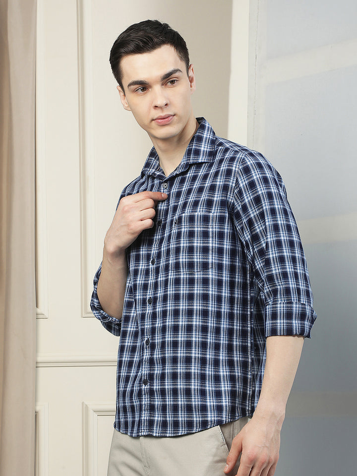 Navy Blue 100% Cotton Checked Shirt