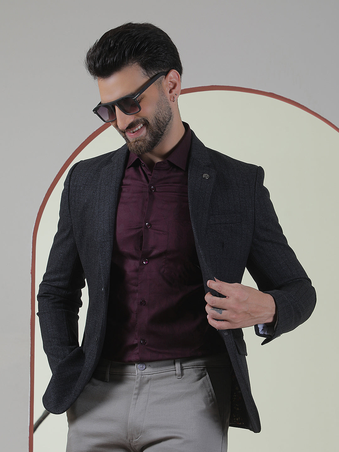 Grey Vertical Stripes Single Breasted Notch Lapel Blazer