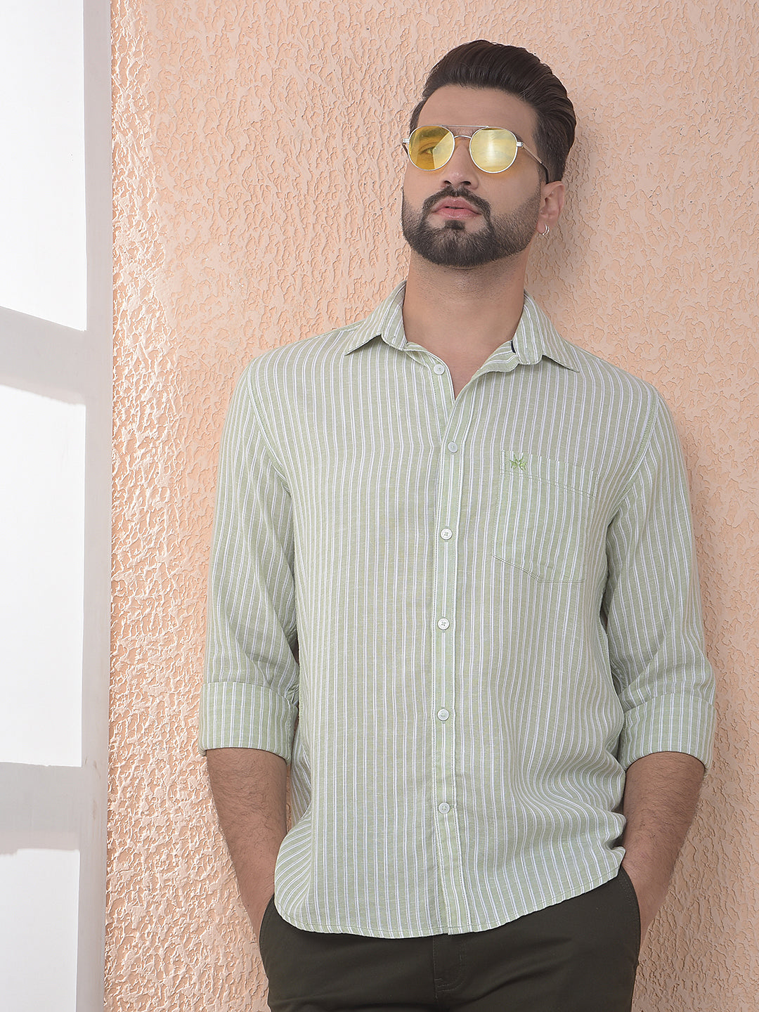 Green Vertical Stripes Linen Shirt