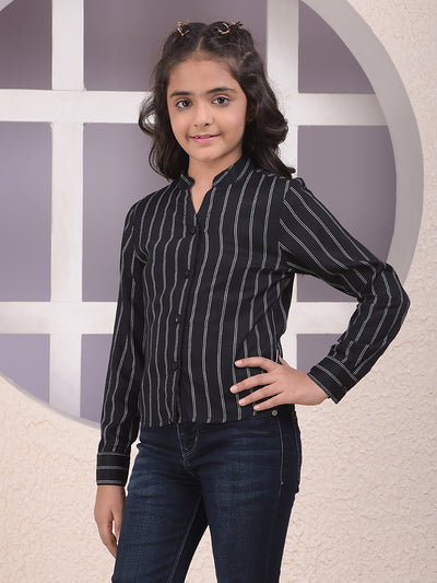 Black Vertical Stripes Mandarin Neck Shirt