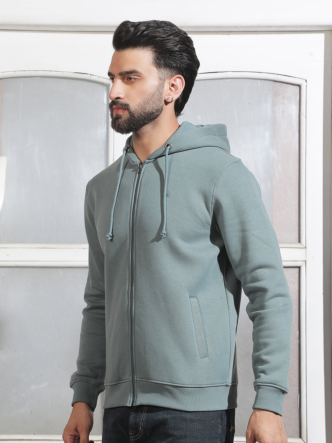 Green Hooded Neck Front Open Sweatshirt