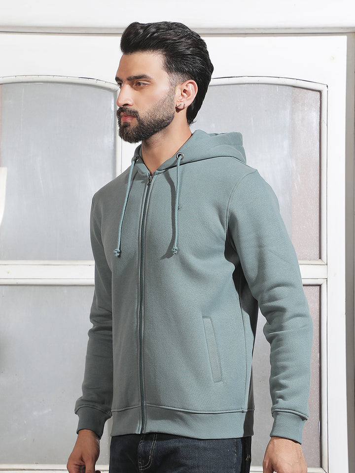 Green Hooded Neck Front Open Sweatshirt