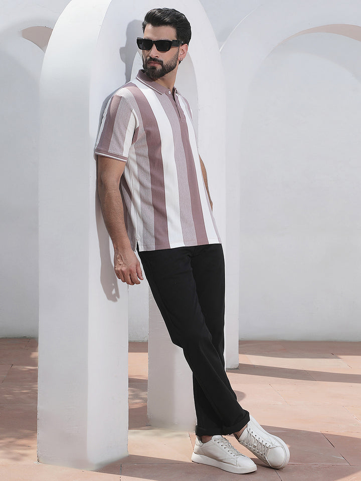 Purple Vertical Striped Polo Neck T-Shirt