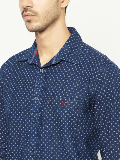 Navy Blue Floral Print 100% Cotton Shirt