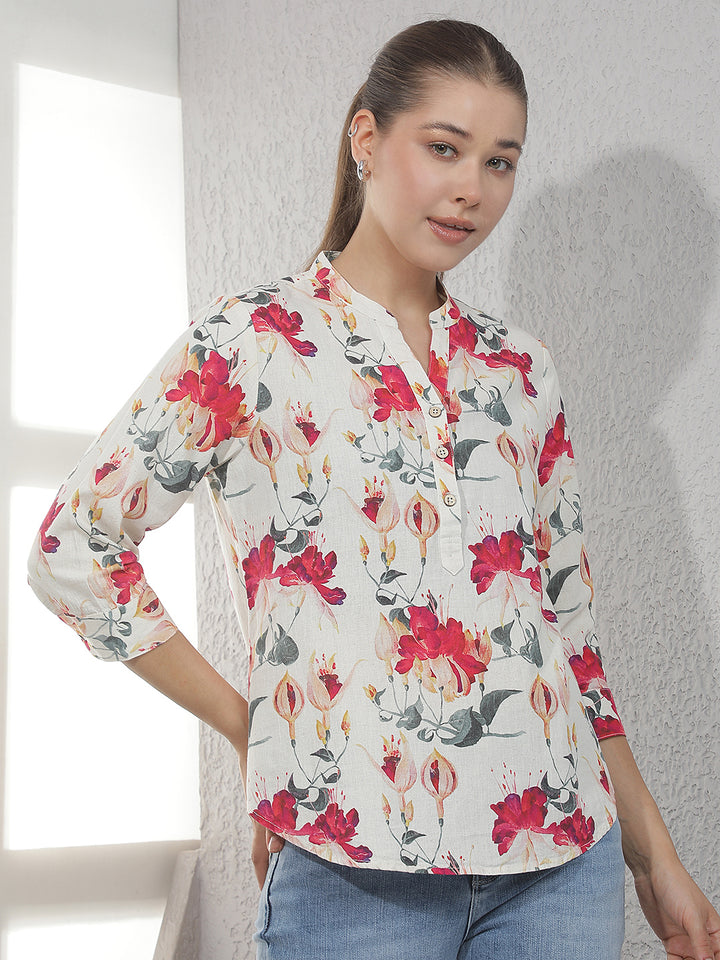 Multi-Color Floral Print Linen Top