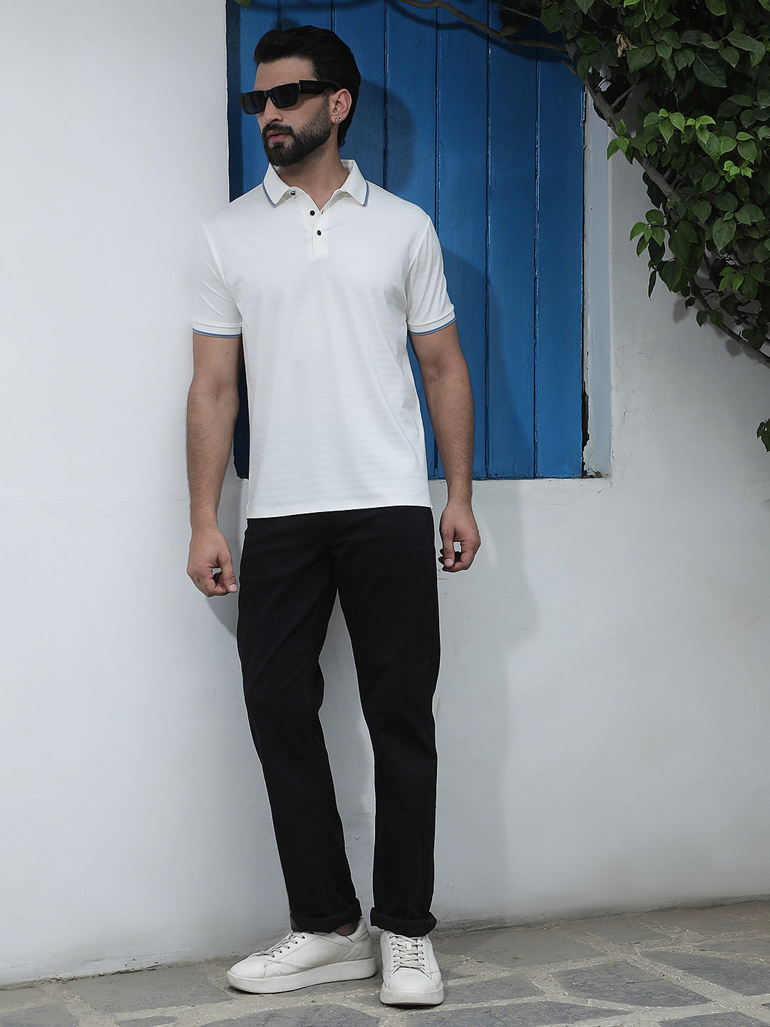 White Horizontal Stripes Polo Neck T-Shirt