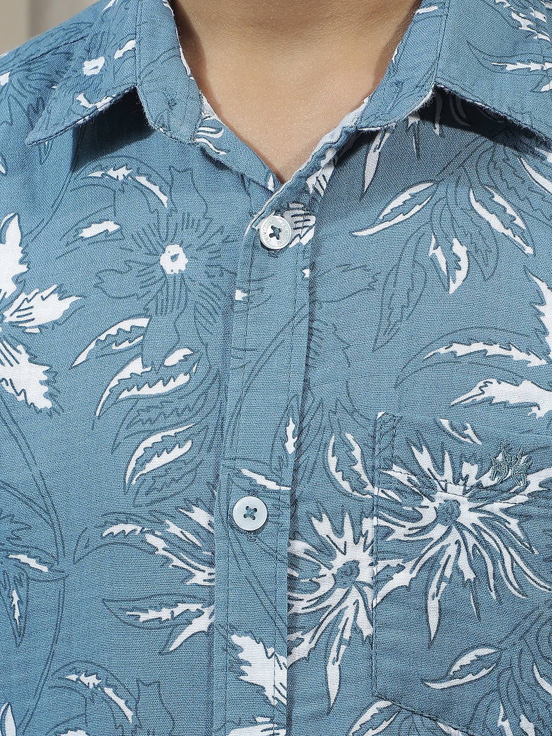 Teal Blue 100% Cotton Floral Print Shirt