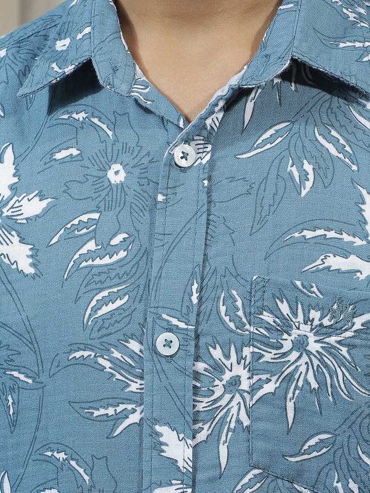 Teal Blue 100% Cotton Floral Print Shirt