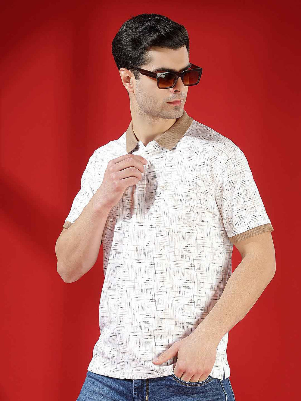 Brown Printed Polo Neck 100% Cotton T-Shirt