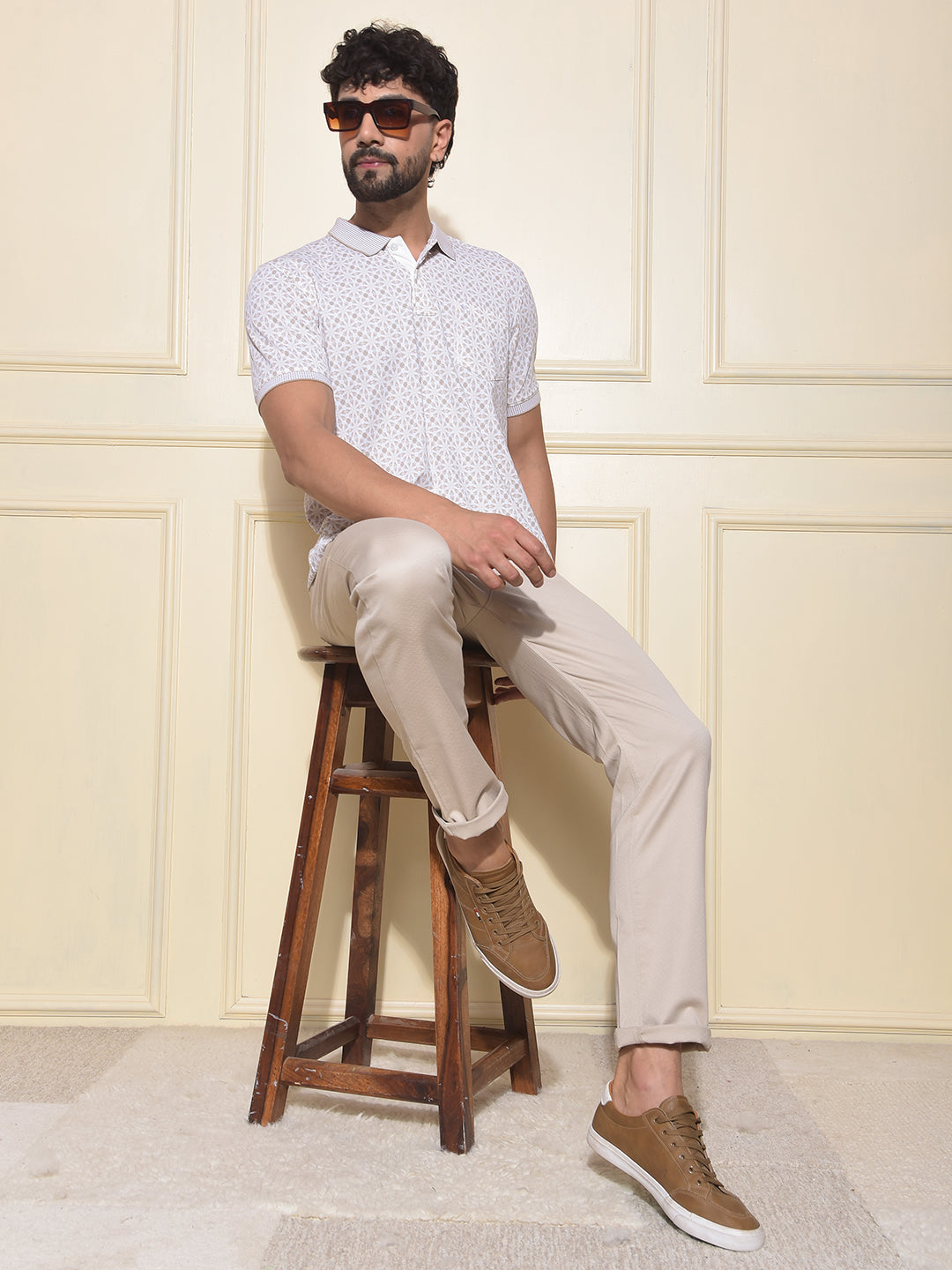 Beige Printed Polo-Neck T-Shirt