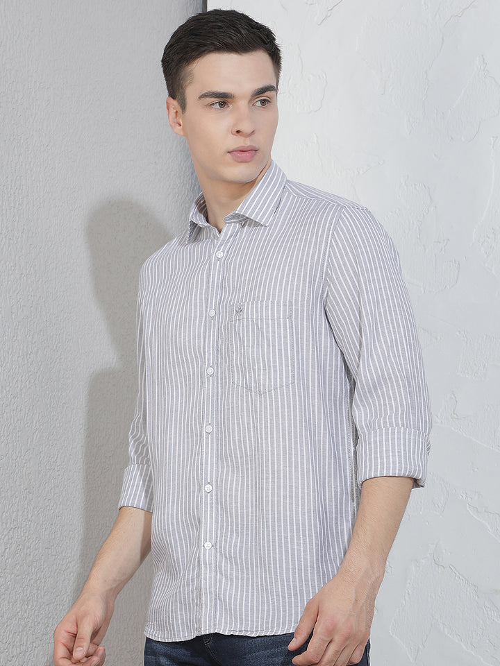 Grey Vertical Stripes Linen Shirt