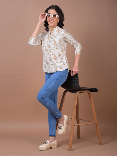 Olive Floral Print V-Neck Linen Top