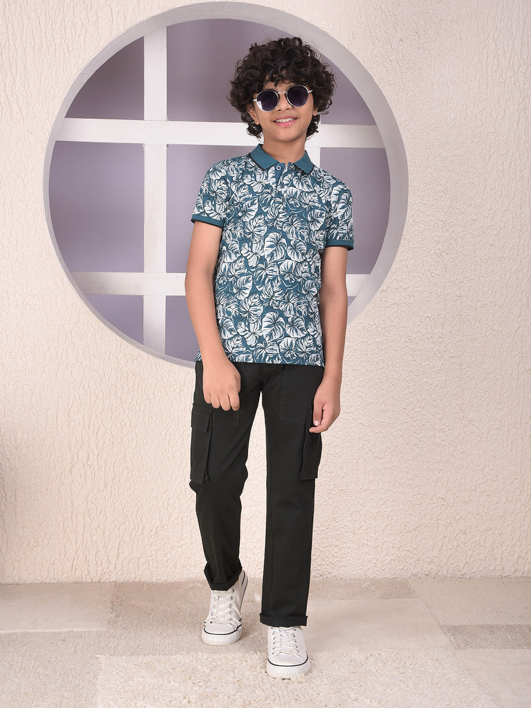 Green Floral Print Polo Neck T-Shirt