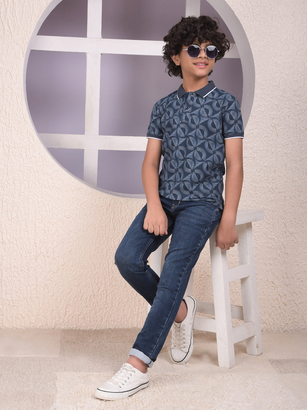 Navy Blue Printed Polo Neck T-Shirt