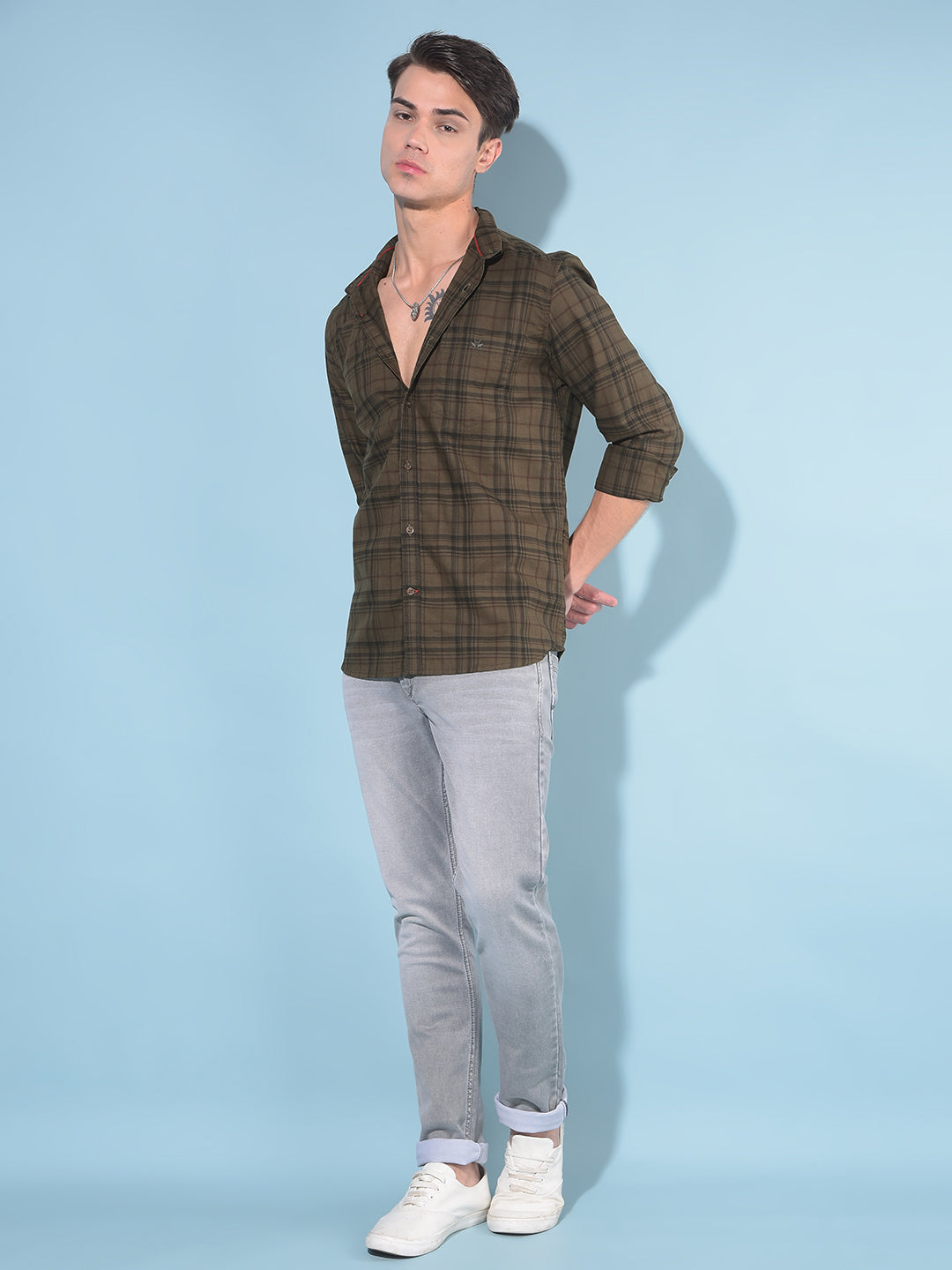 Olive Tartan Check 100% Cotton Shirt-Men Shirts-Crimsoune Club