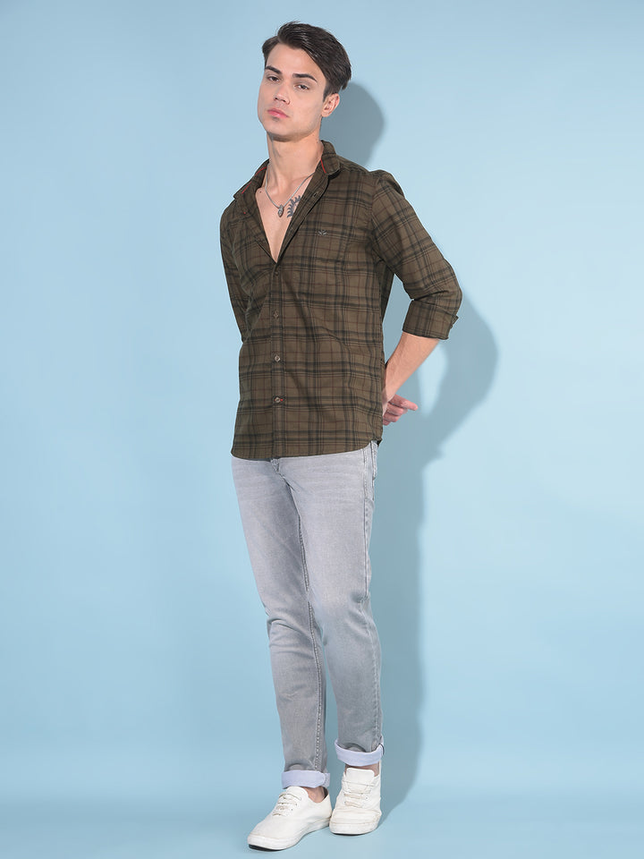 Olive Tartan Check 100% Cotton Shirt-Men Shirts-Crimsoune Club