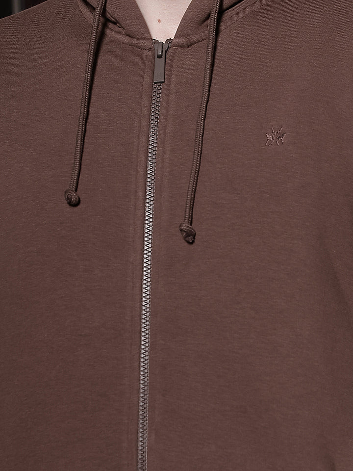 Brown Hooded Neck Front Open Sweatshirt