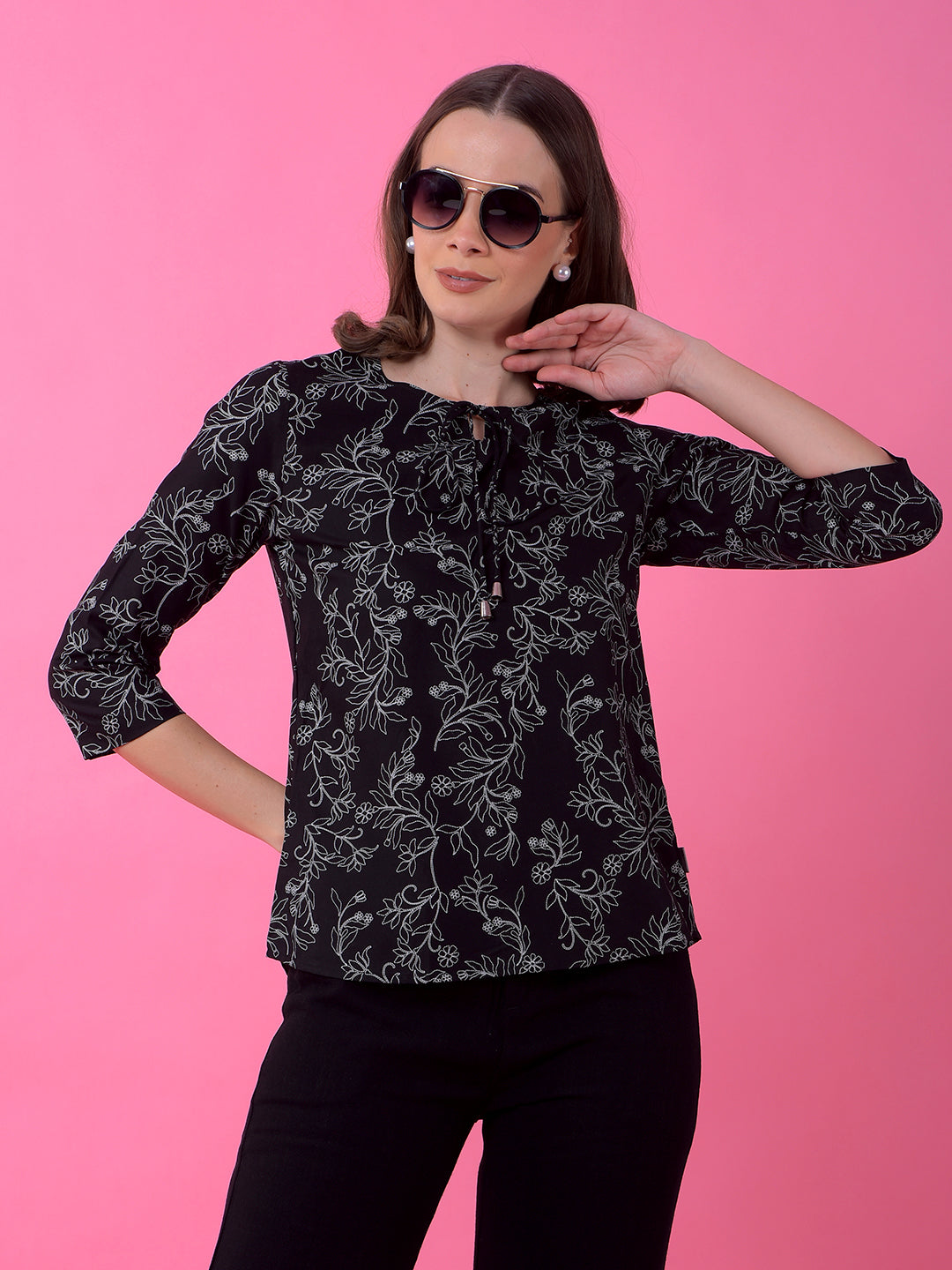 Black Floral Print Tie-Up Top