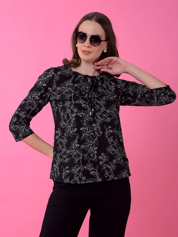 Black Floral Print Tie-Up Top