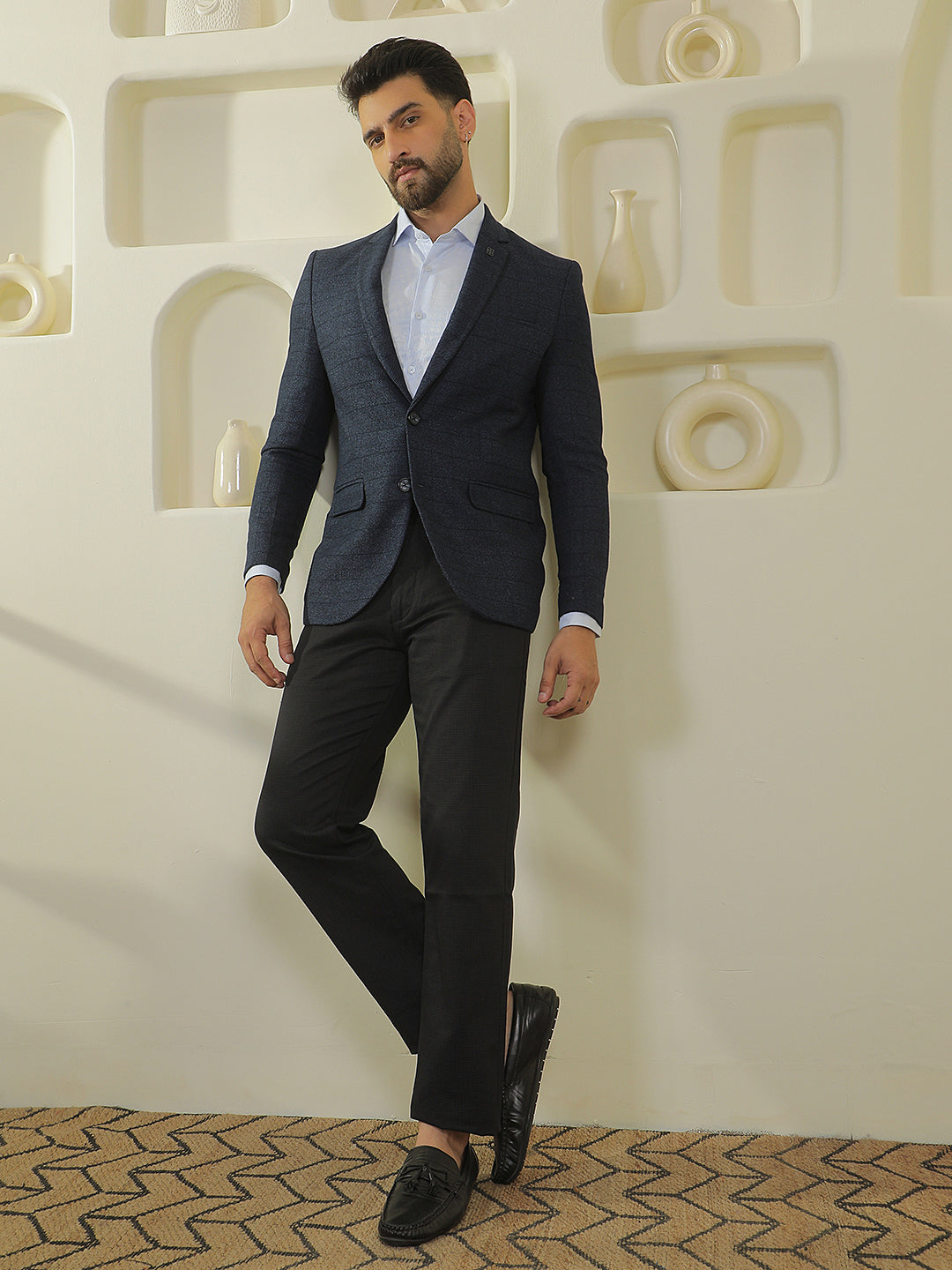 Blue Checked Notch Lapel Blazer