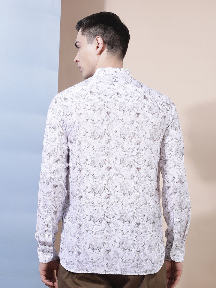 White Floral Print Linen Kurta