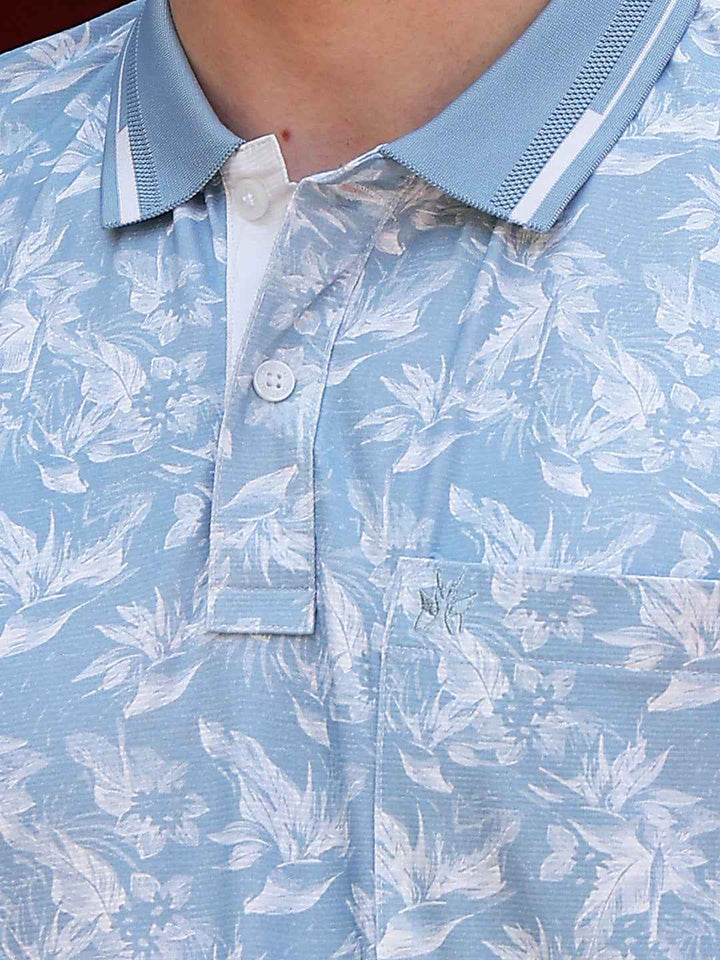 Blue Floral Print Polo Neck T-Shirt