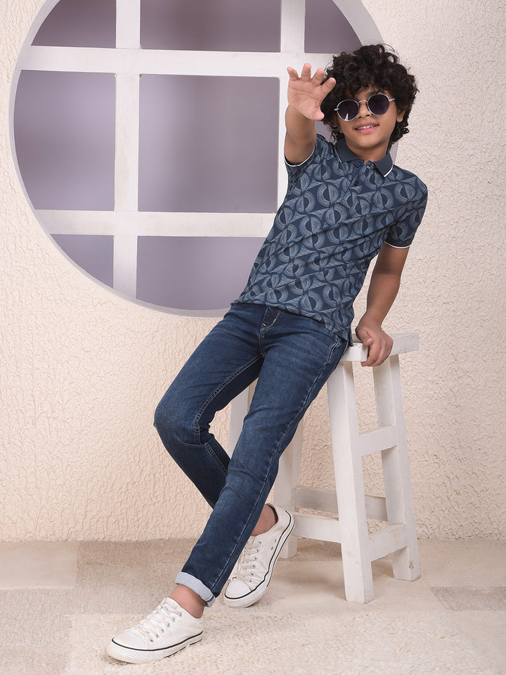Navy Blue Printed Polo Neck T-Shirt