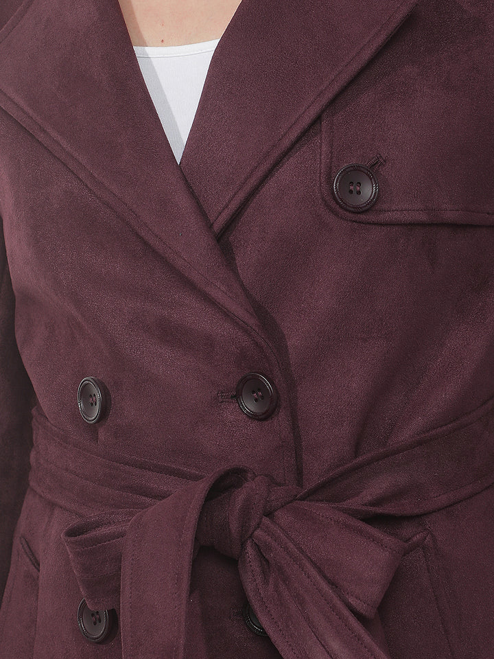 Wine Mid-Thigh Trench Coat With Belt