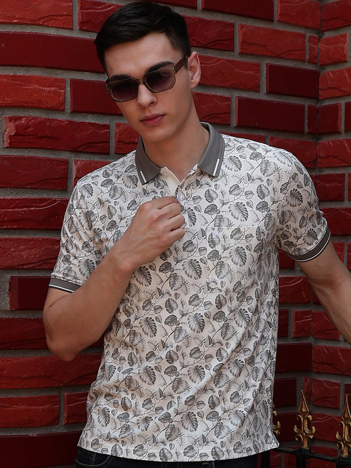 Grey Floral Print Polo Neck T-Shirt