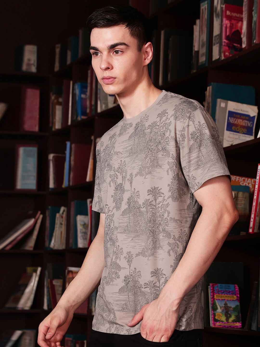 Olive Round Neck Tropical Printed T-Shirt