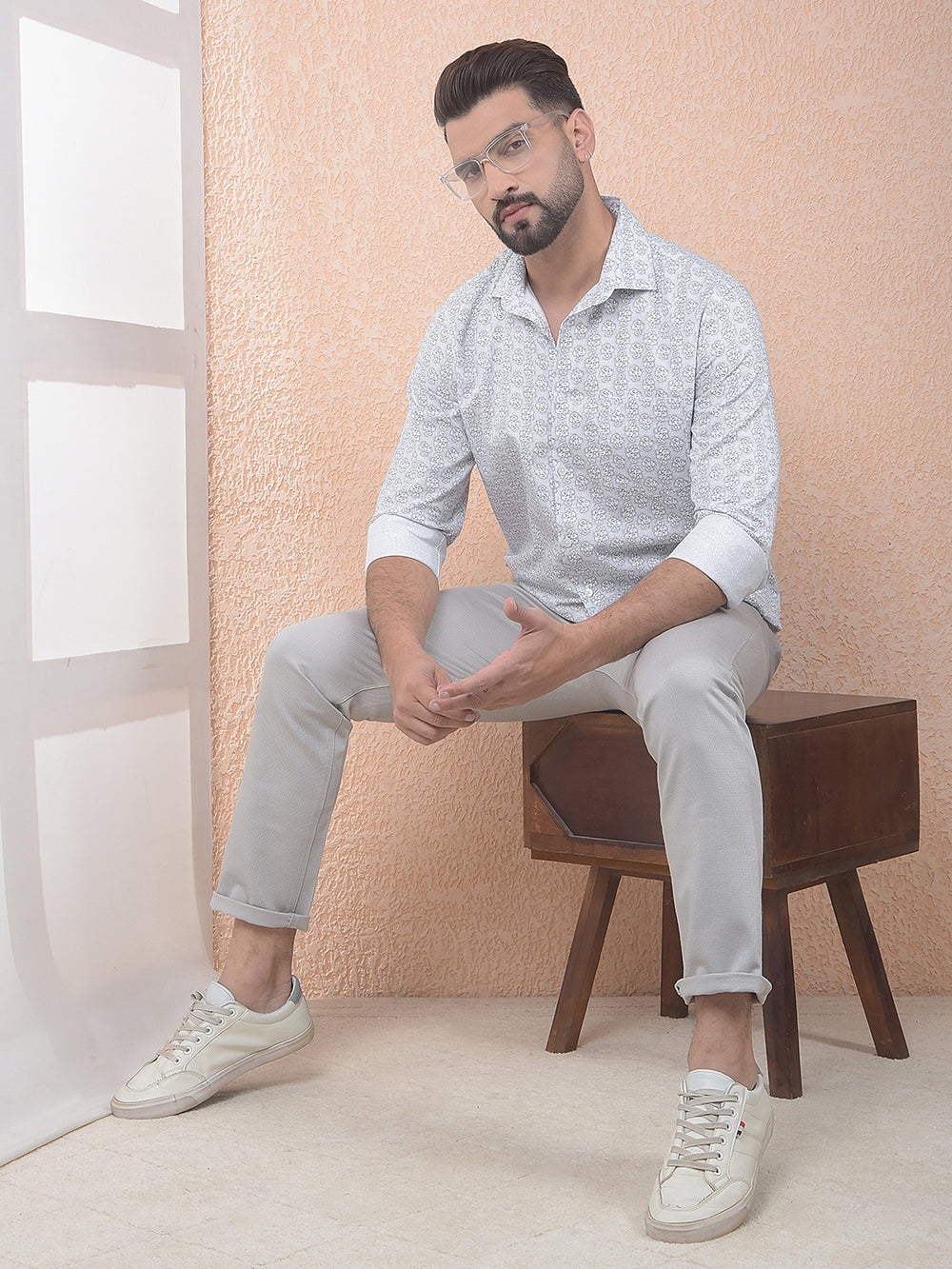 White Subtle Print Easy Wear Shirt