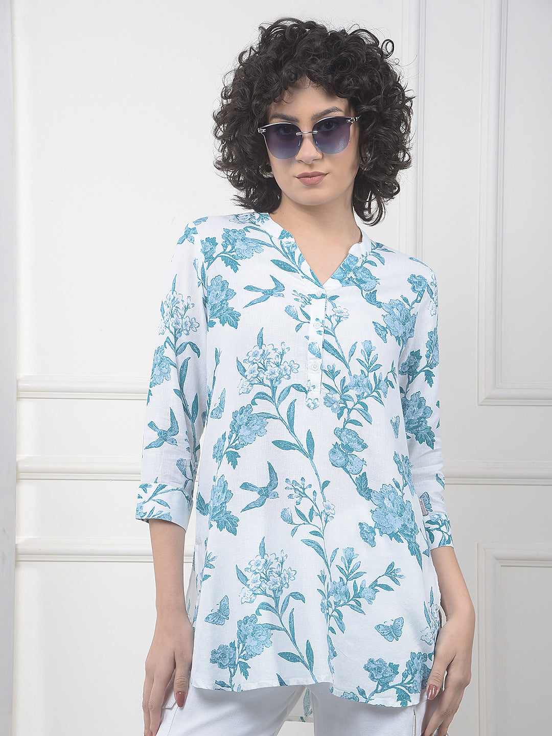 Green Floral Print V-Neck Linen Top