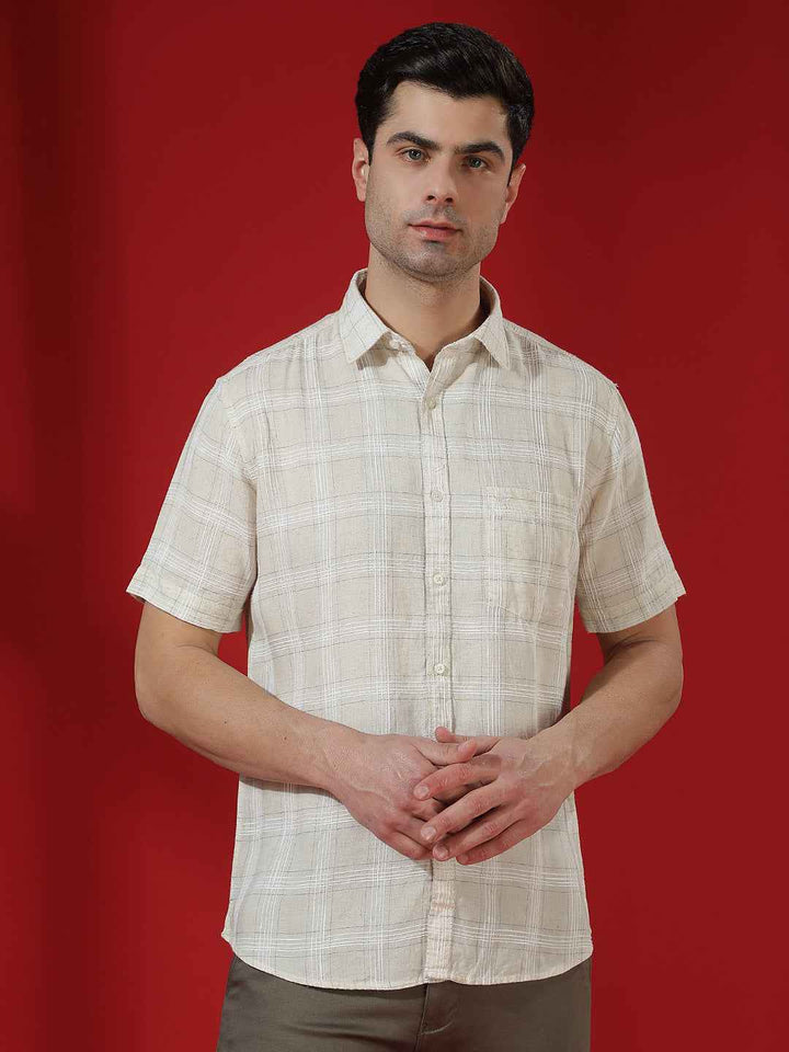 Off White Checked Linen Shirt