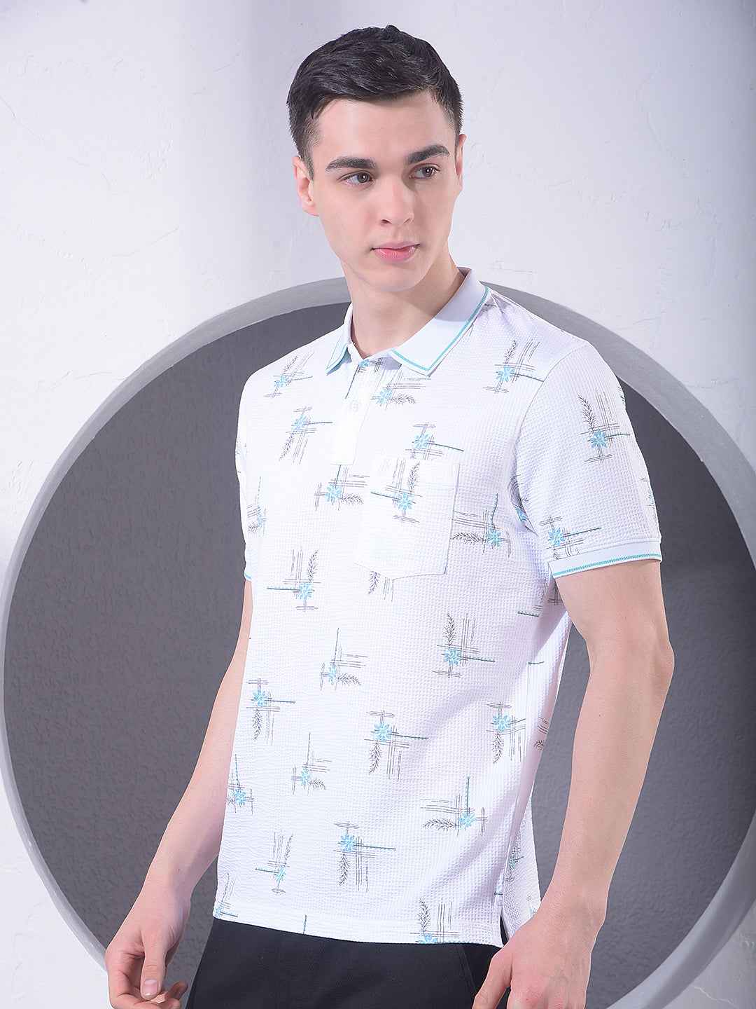 White Floral Print Polo Neck T-Shirt