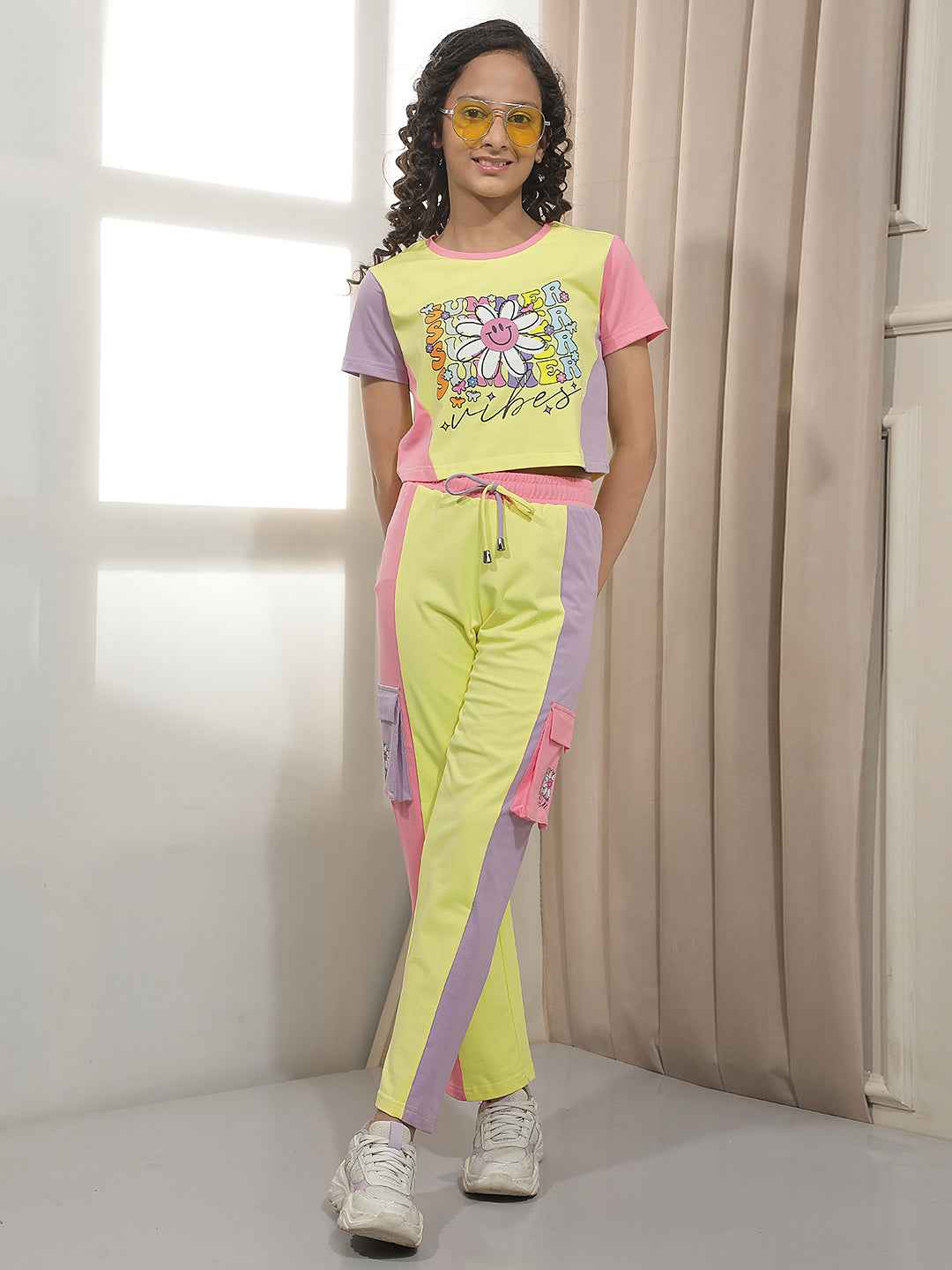 Yellow Color-Blocked Cropped T-Shirt