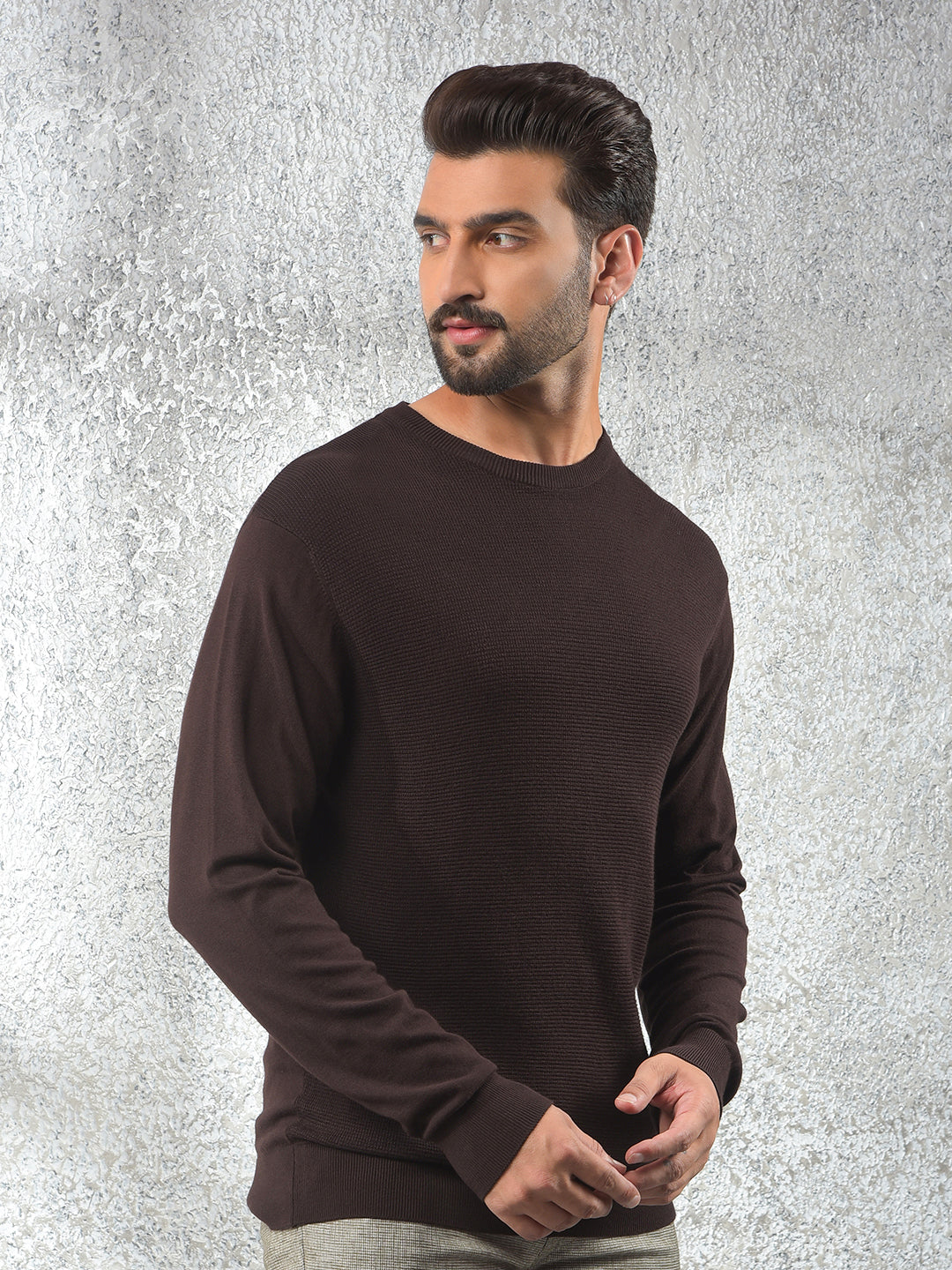 Tapered Fit Brown Jacquard Sweater